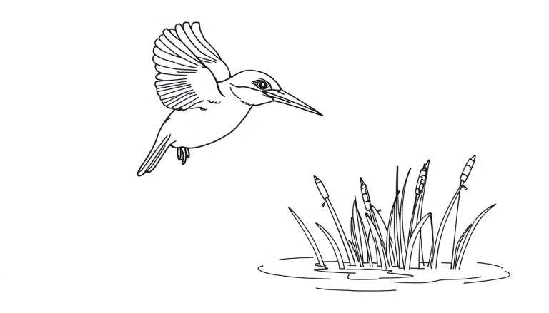 Kleurplaat van een ijsvogel in vlucht.