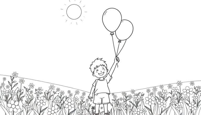 Zwart-wit kleurplaat van een lachende jongen met twee ballonnen in een bloemenveld onder de zon.
