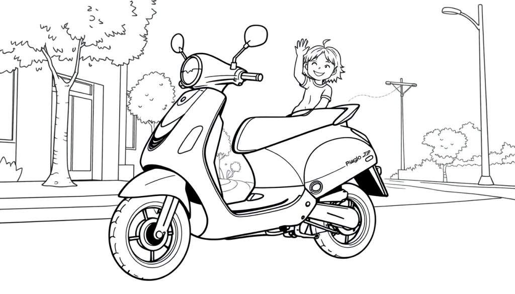 Kleurplaat van een jongen op een Piaggio Zip scooter in een straat.