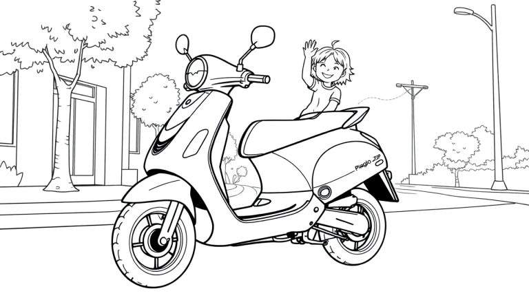 Kleurplaat van een jongen op een Piaggio Zip scooter in een straat.