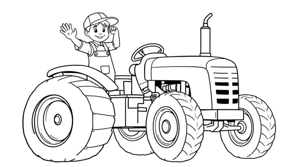 Kleurplaat van een jongen op een tractor