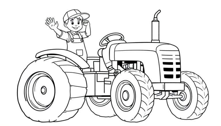 Kleurplaat van een jongen op een tractor