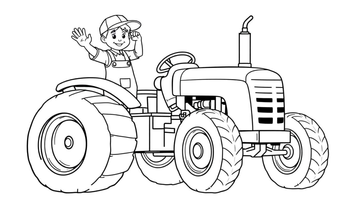 Kleurplaat van een jongen op een tractor