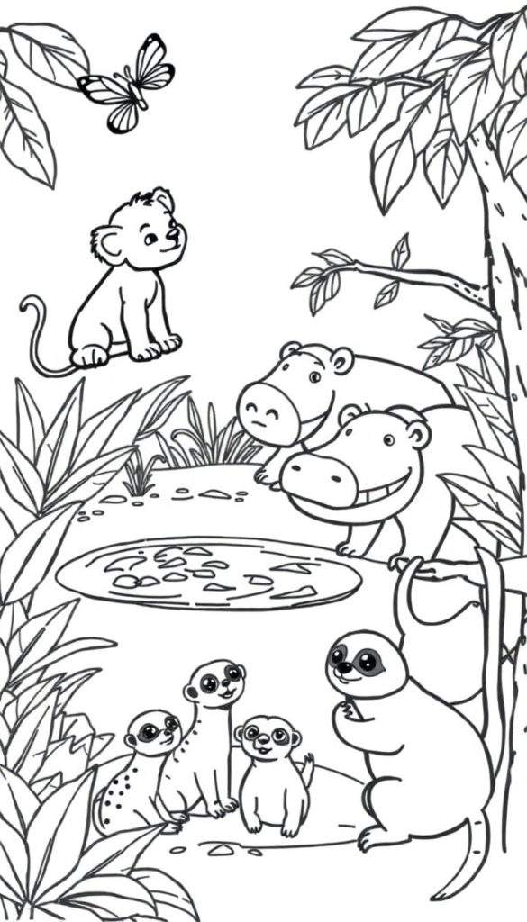 Een zwart-witte kleurplaat van jungle dieren, waaronder een leeuwenwelpje, vlinder, nijlpaarden, stokstaartjes en een luiaard.
