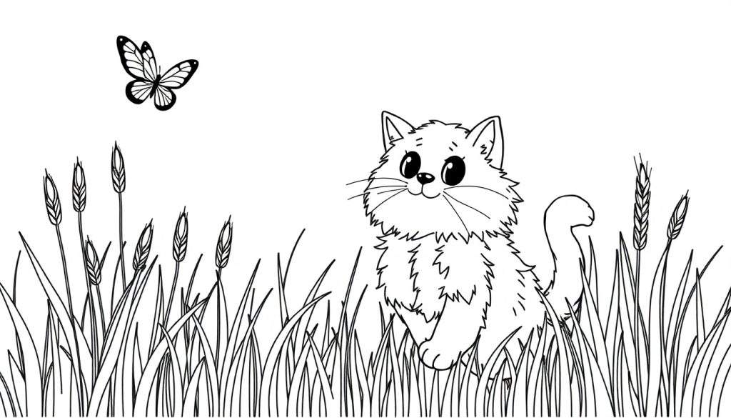 Zwart-wit kleurplaat van een schattige kat in een graanveld met een vlinder.