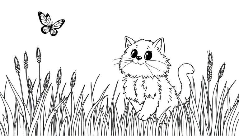 Zwart-wit kleurplaat van een schattige kat in een graanveld met een vlinder.