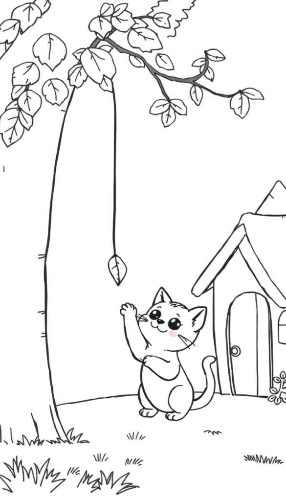 Kleurplaat van een zwart-wit kat die naar een blad in een boom reikt, met een hondenhok ernaast en gras op de voorgrond.