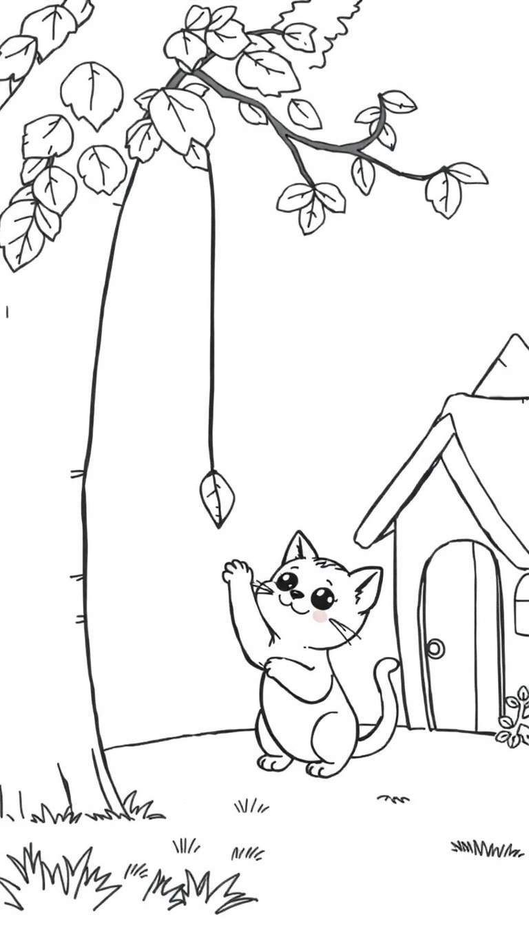 Kleurplaat van een zwart-wit kat die naar een blad in een boom reikt, met een hondenhok ernaast en gras op de voorgrond.