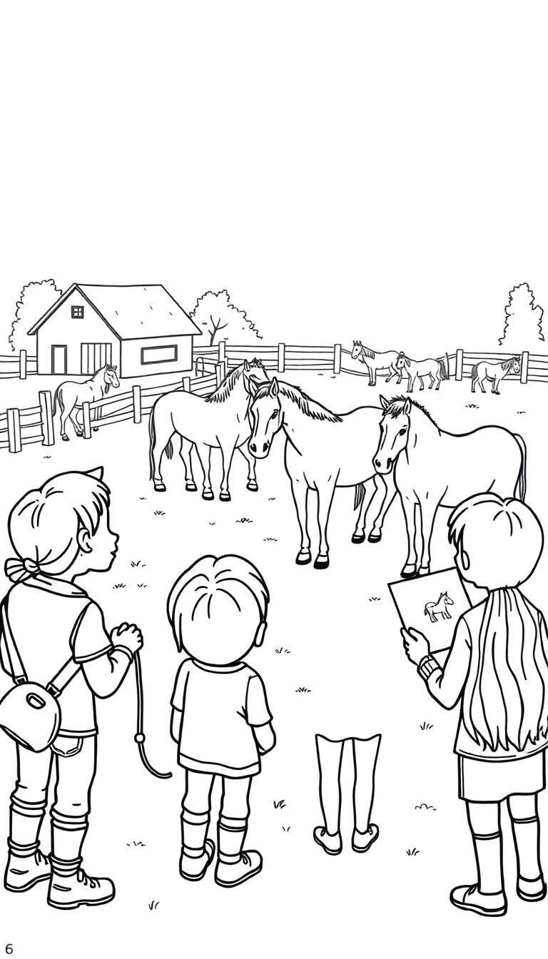Kleurplaat van kinderen die paarden bekijken op een boerderij.