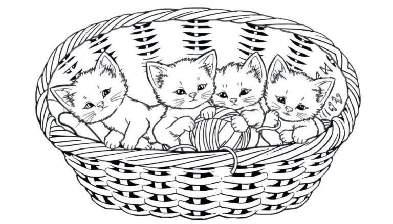 Een zwart-wit kleurplaat van vier schattige kittens in een rieten mand, die spelen en nieuwsgierig zijn.