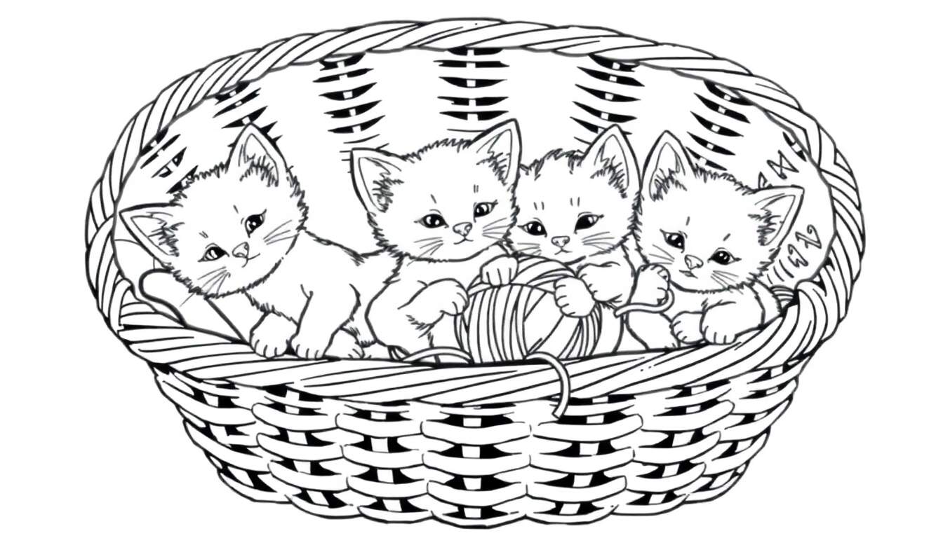 Een zwart-wit kleurplaat van vier schattige kittens in een rieten mand, die spelen en nieuwsgierig zijn.