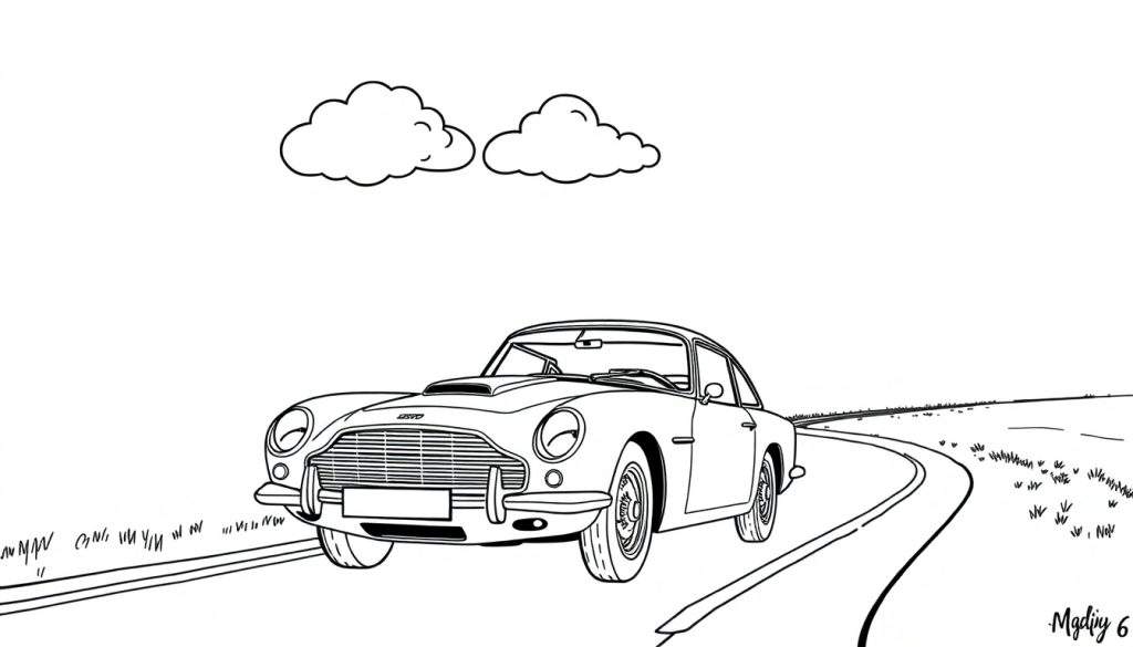 Een zwart-wit kleurplaat van een Aston Martin die over een bochtige weg rijdt, met twee wolkjes erboven.