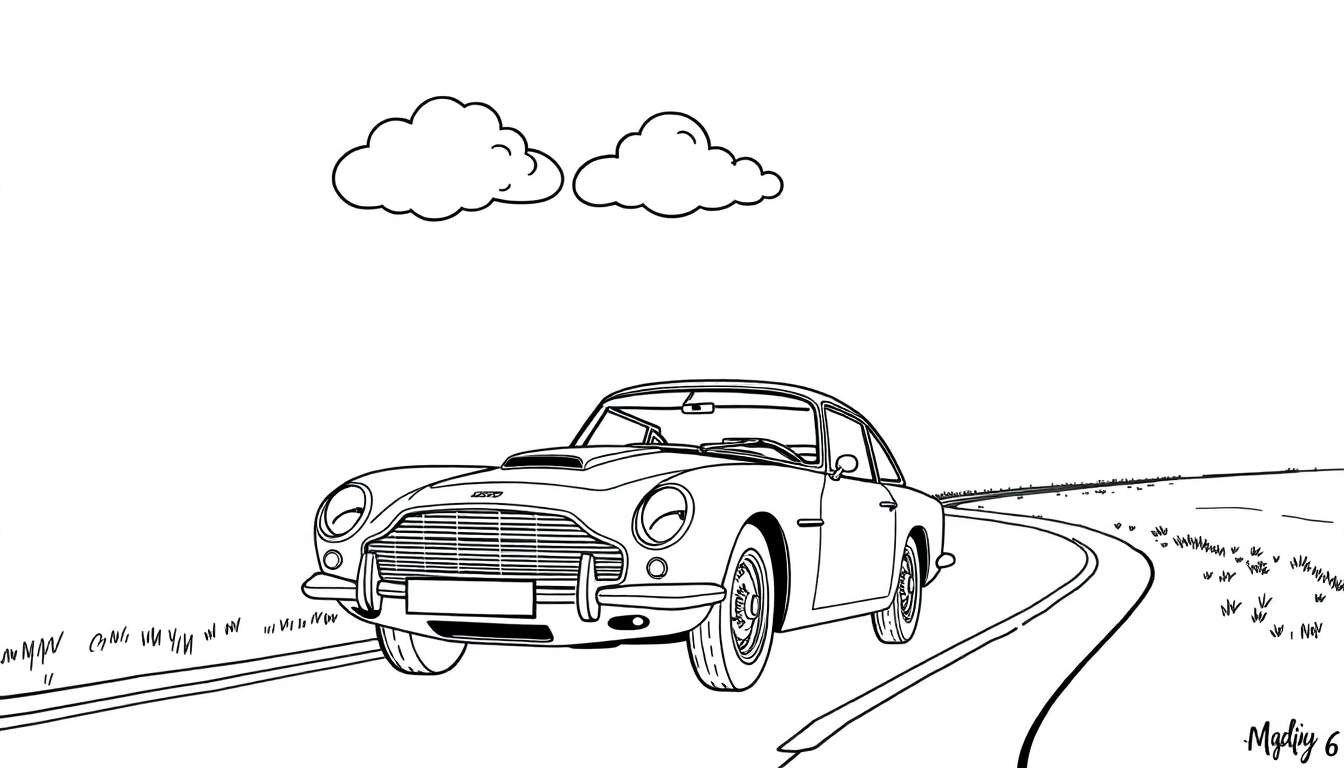 Een zwart-wit kleurplaat van een Aston Martin die over een bochtige weg rijdt, met twee wolkjes erboven.