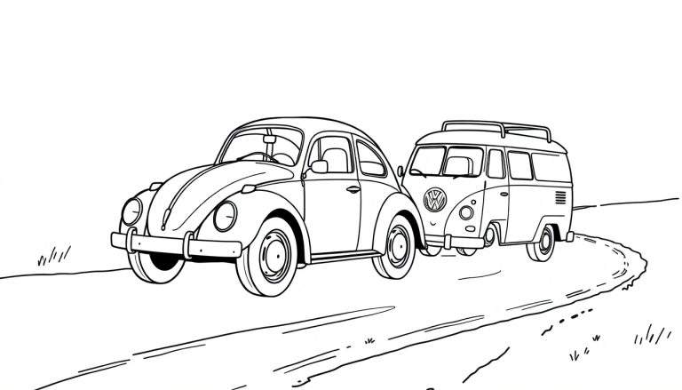 Kleurplaat van een VW Kever en een VW Bus op een bochtige weg.