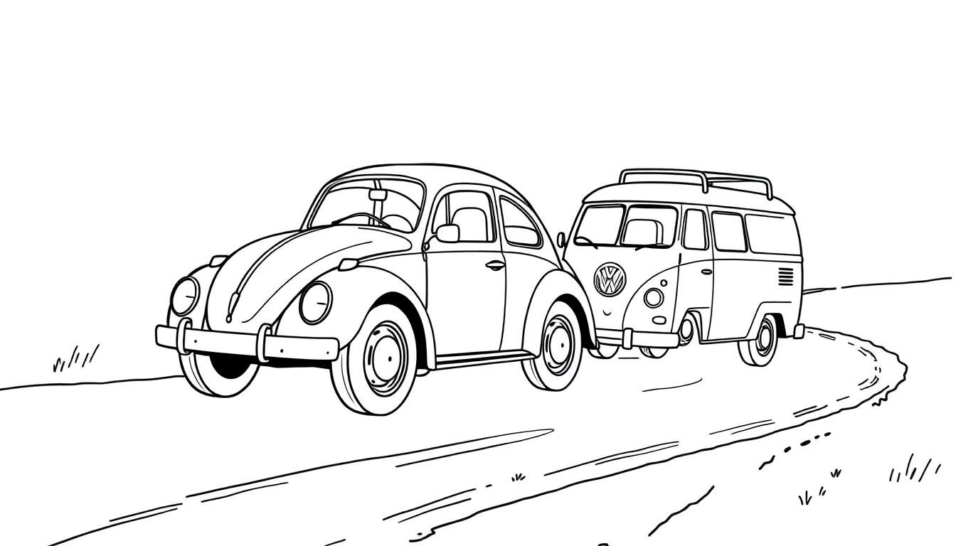 Kleurplaat van een VW Kever en een VW Bus op een bochtige weg.