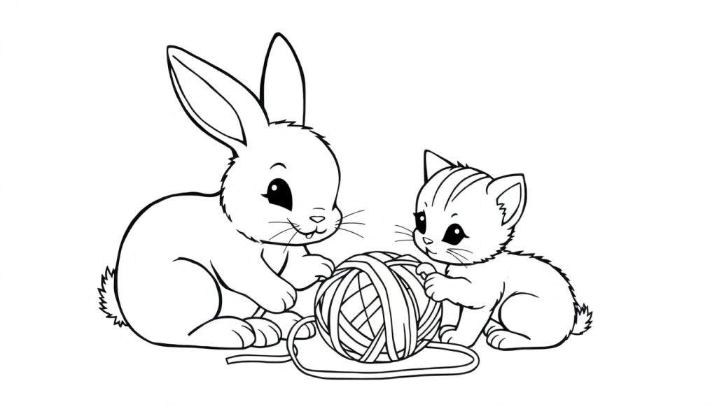 Kleurplaat van een konijntje en een katje die samen met een bol wol spelen.