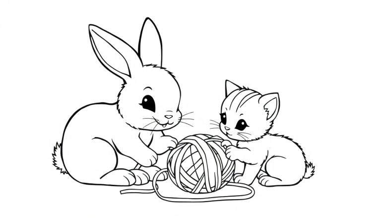 Kleurplaat van een konijntje en een katje die samen met een bol wol spelen.