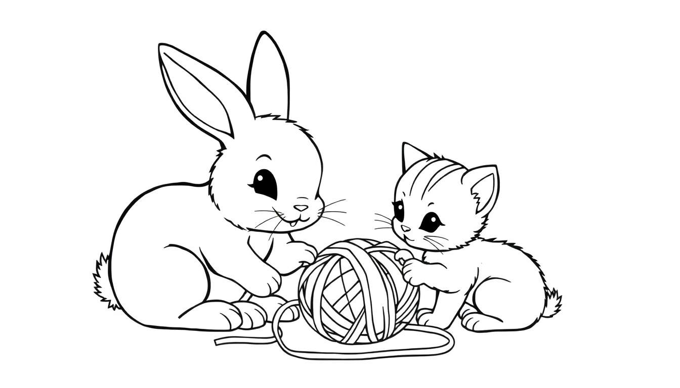 Kleurplaat van een konijntje en een katje die samen met een bol wol spelen.