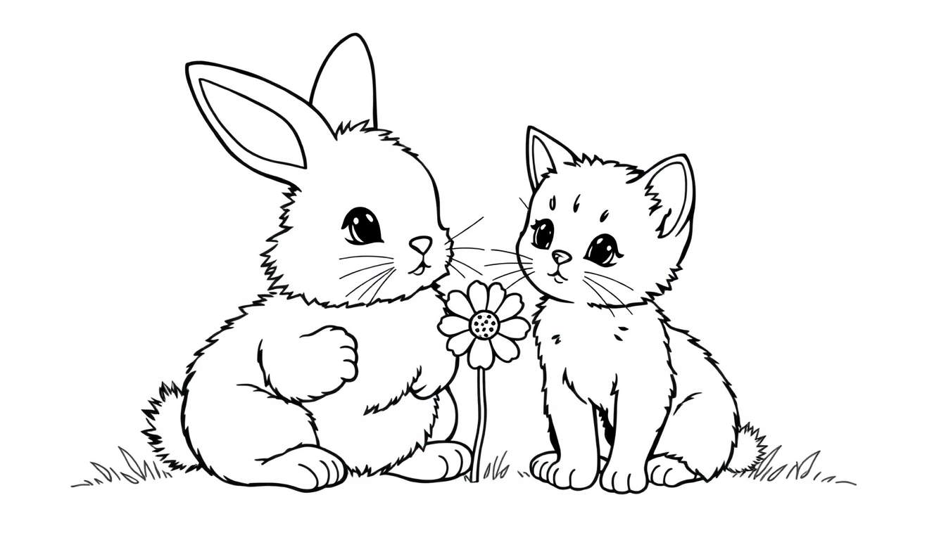 Kleurplaat van een konijn en een katje die samen naar een bloem kijken in het gras.