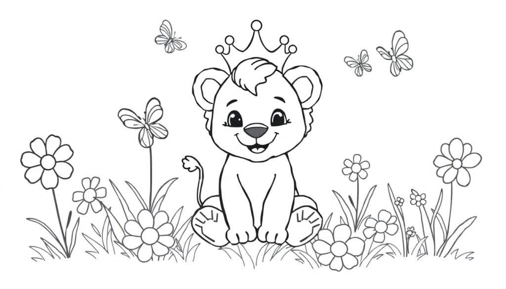 Zwart-wit kleurplaat van een schattige leeuwenwelp met een kroon in een bloemenveld met vlinders.