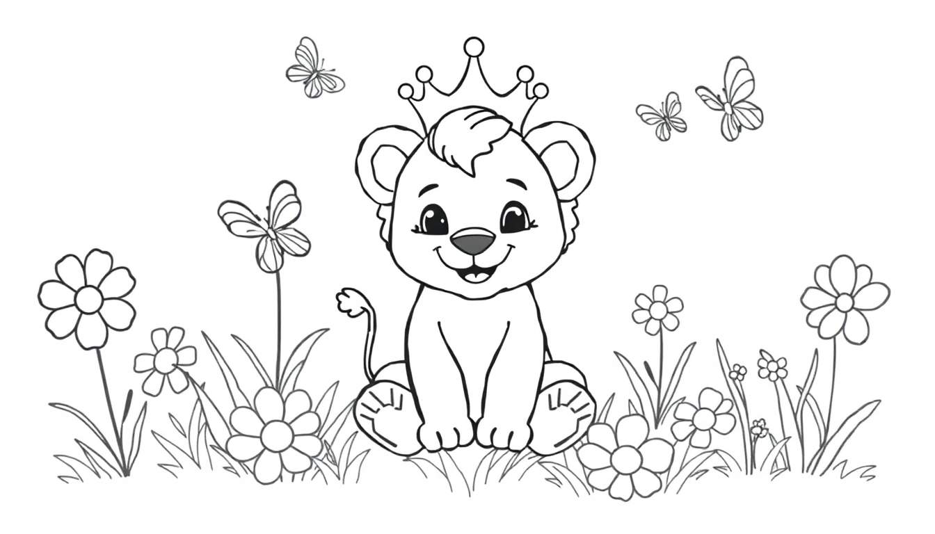 Zwart-wit kleurplaat van een schattige leeuwenwelp met een kroon in een bloemenveld met vlinders.