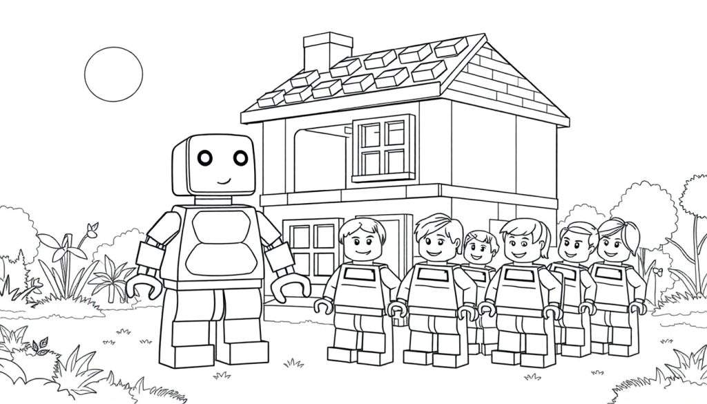 Zwart-witte kleurplaat van een LEGO-robot met LEGO-kinderen voor een LEGO-huis in een tuin.