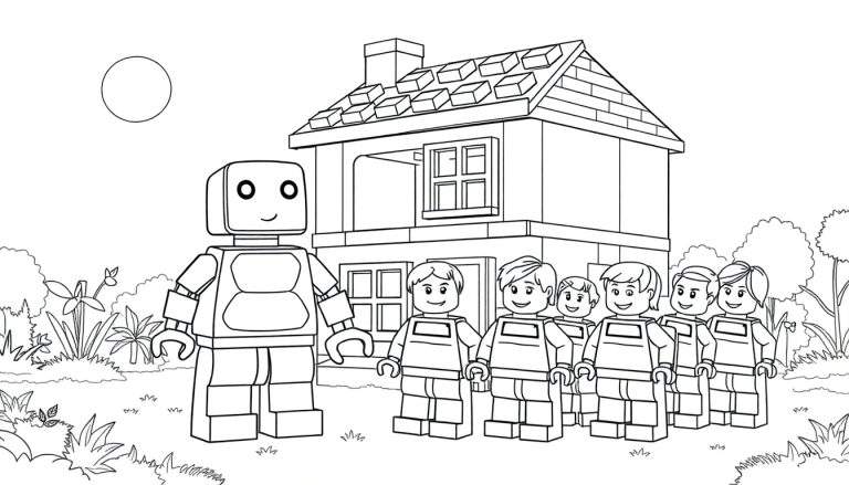 Zwart-witte kleurplaat van een LEGO-robot met LEGO-kinderen voor een LEGO-huis in een tuin.