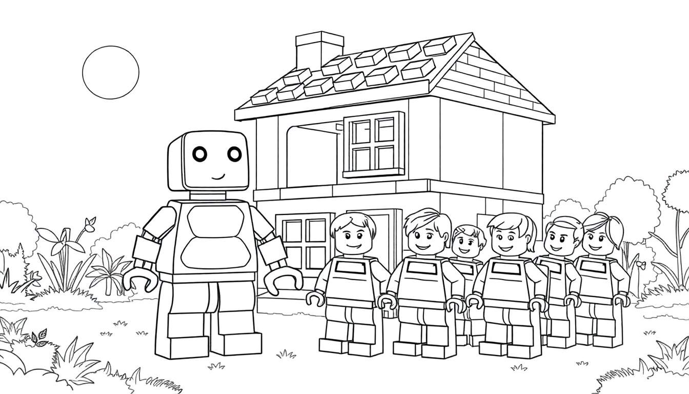 Zwart-witte kleurplaat van een LEGO-robot met LEGO-kinderen voor een LEGO-huis in een tuin.