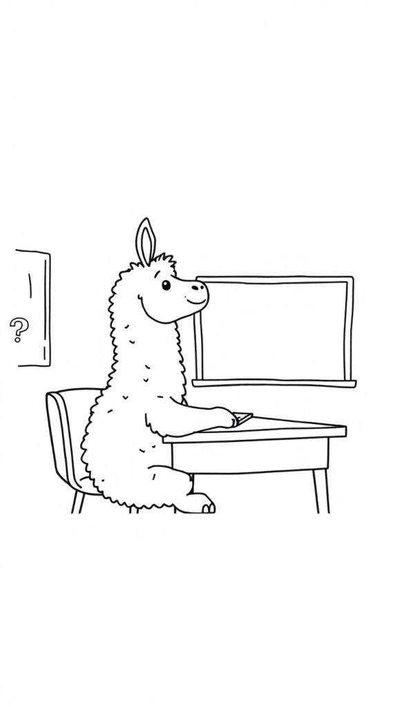 Schattige lama kleurplaat achter een computer