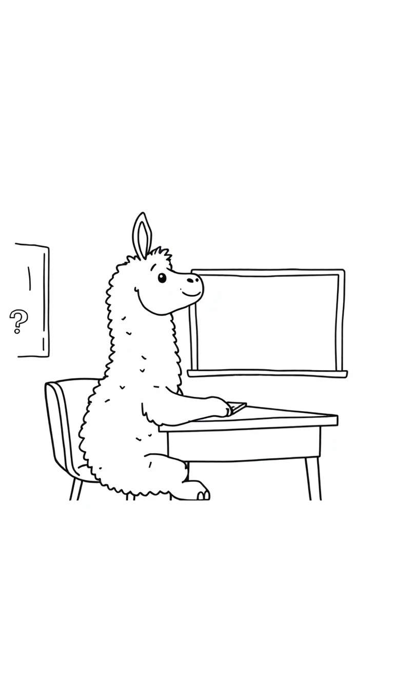 Schattige lama kleurplaat achter een computer