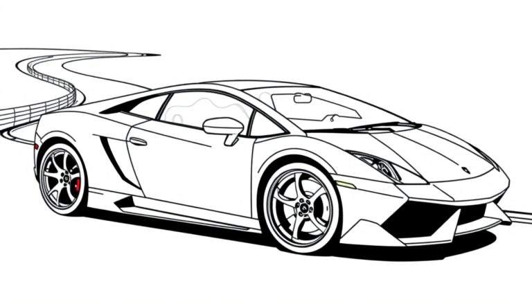 Zwart-wit kleurplaat van een Lamborghini sportwagen op een bochtige weg met vangrail.