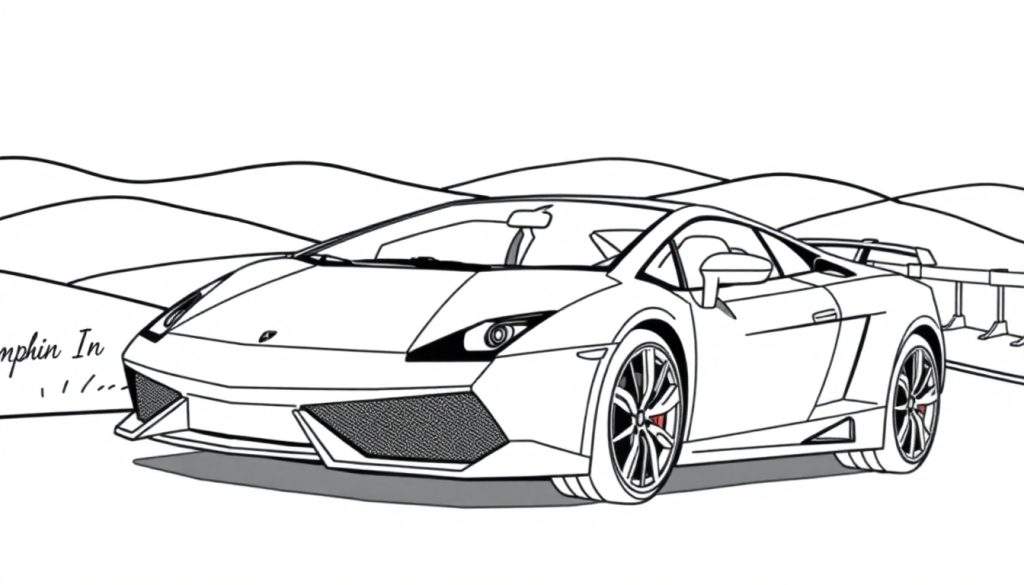 Kleurplaat van een stoere Lamborghini sportwagen in een berglandschap.