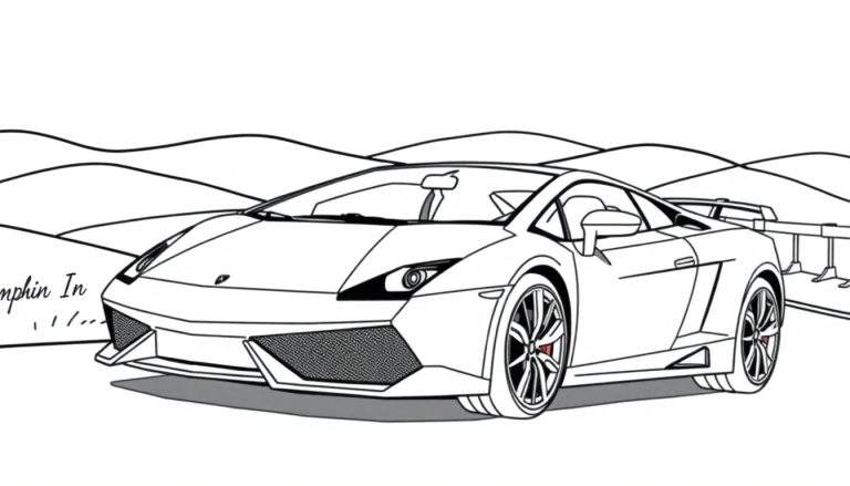 Kleurplaat van een stoere Lamborghini sportwagen in een berglandschap.