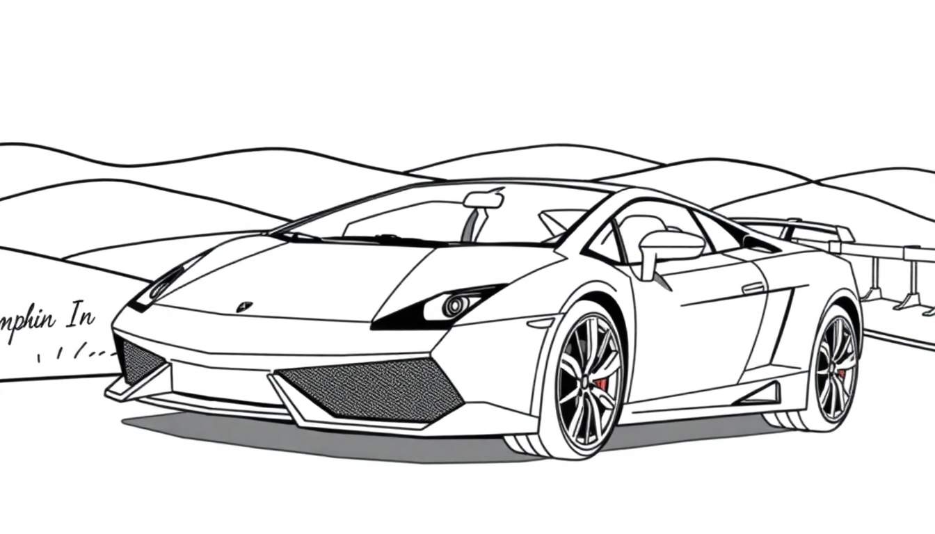 Kleurplaat van een stoere Lamborghini sportwagen in een berglandschap.