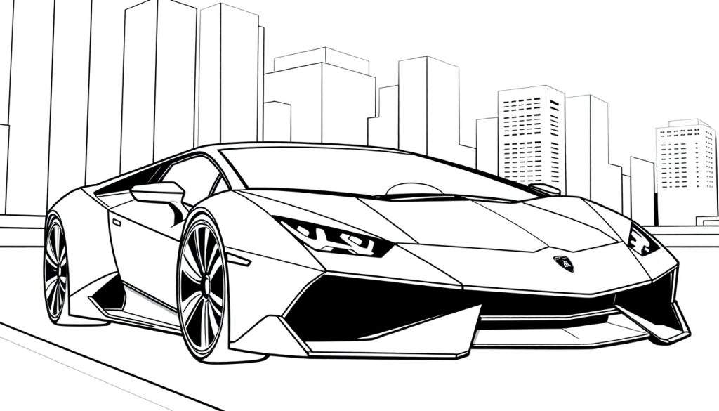 Kleurplaat van een zwarte Lamborghini sportwagen in de stad.