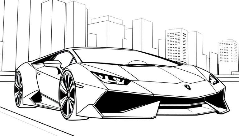 Kleurplaat van een zwarte Lamborghini sportwagen in de stad.