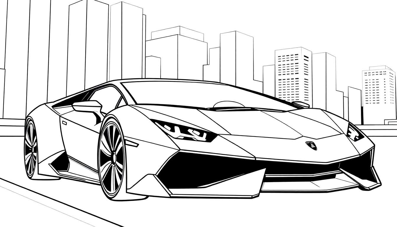 Kleurplaat van een zwarte Lamborghini sportwagen in de stad.