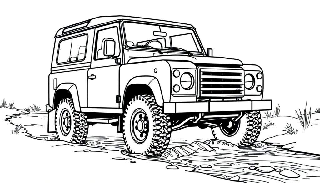Zwart-wit tekening van een Land Rover Defender die door een beek rijdt, als een kleurplaat.