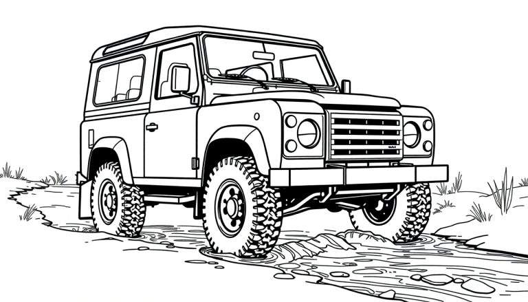 Zwart-wit tekening van een Land Rover Defender die door een beek rijdt, als een kleurplaat.