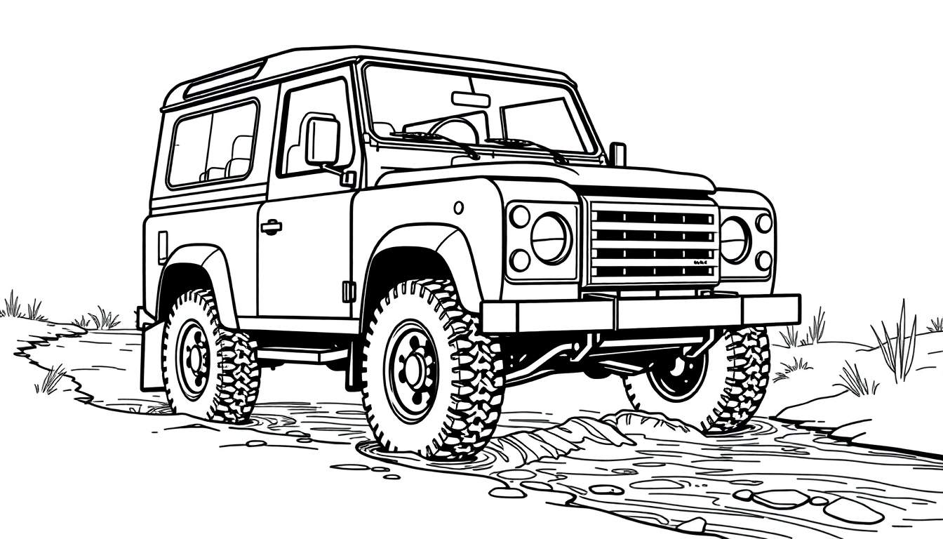 Zwart-wit tekening van een Land Rover Defender die door een beek rijdt, als een kleurplaat.
