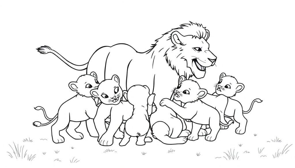 Zwart-wit kleurplaat van een leeuw met zijn welpen.