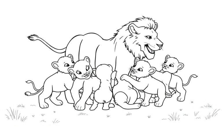 Zwart-wit kleurplaat van een leeuw met zijn welpen.