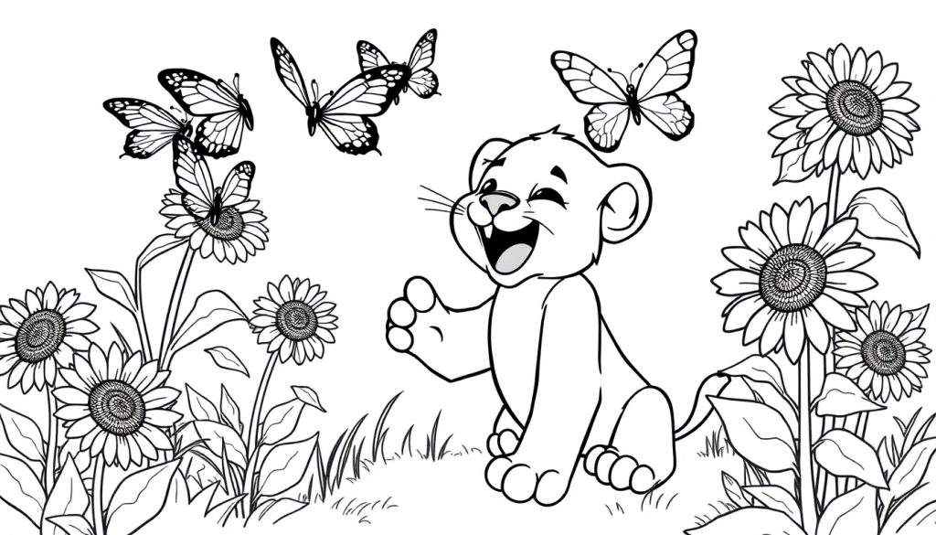 Zwart-wit kleurplaat van een lachend leeuwenwelpje met een vlinder, omringd door zonnebloemen en gras.