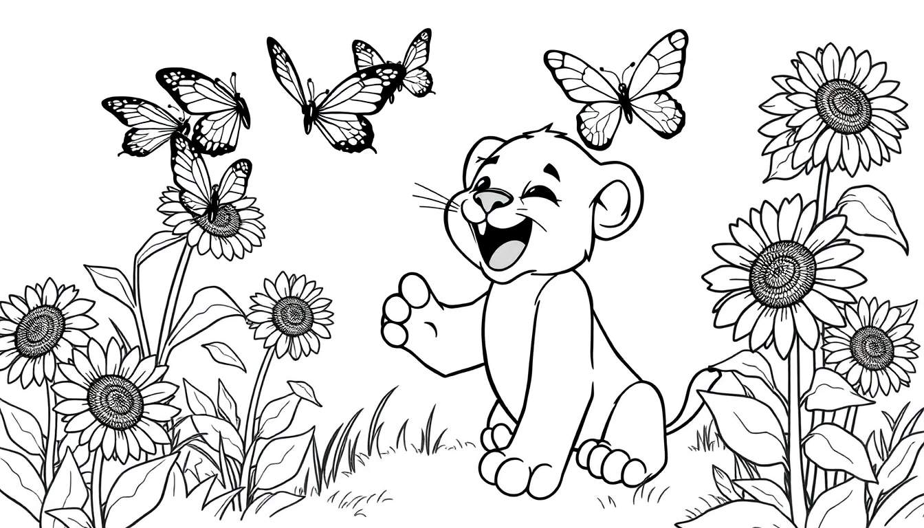 Zwart-wit kleurplaat van een lachend leeuwenwelpje met een vlinder, omringd door zonnebloemen en gras.