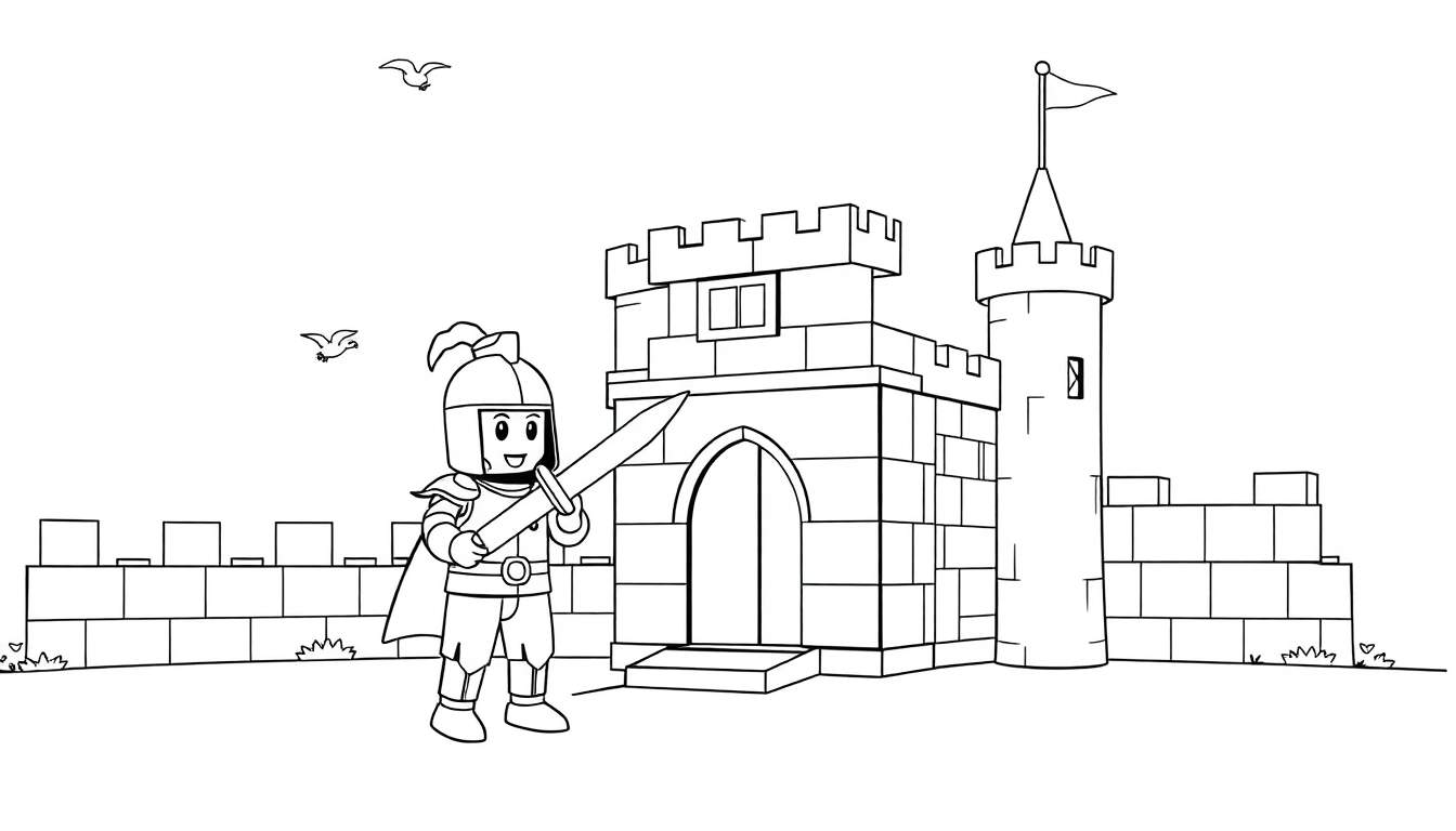 Kleurplaat van een Lego kasteel met ridder.