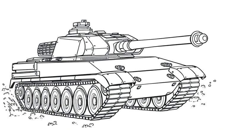 Een Leopard 1 tank als lijntekening voor een kleurplaat.