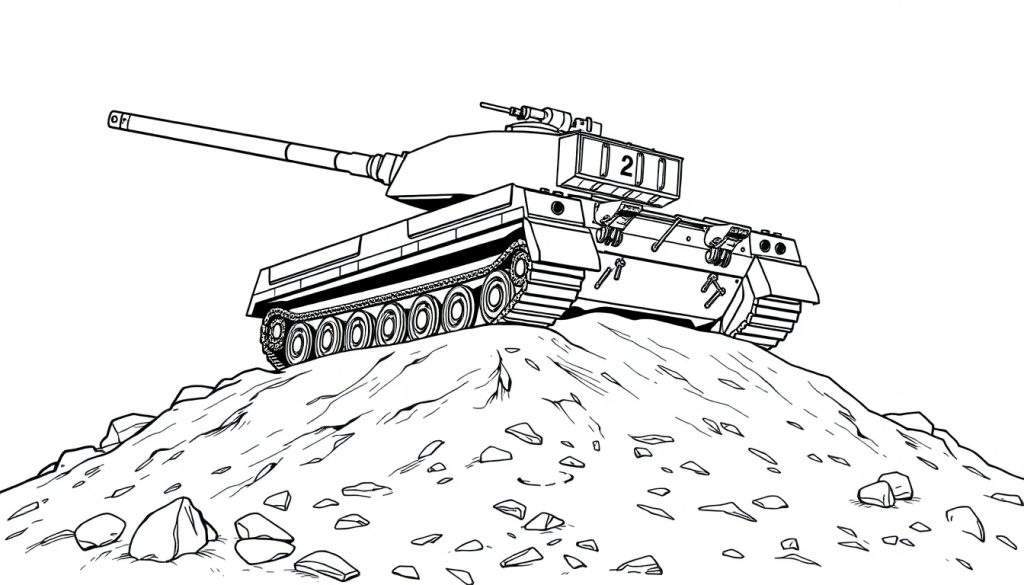 Kleurplaat van een Leopard 1 tank op een rotsachtige heuvel, met nummer '2' op de toren.