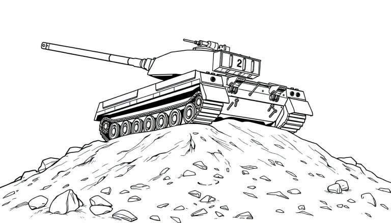 Kleurplaat van een Leopard 1 tank op een rotsachtige heuvel, met nummer '2' op de toren.