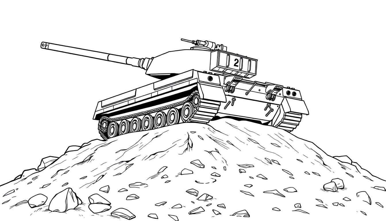 Kleurplaat van een Leopard 1 tank op een rotsachtige heuvel, met nummer '2' op de toren.