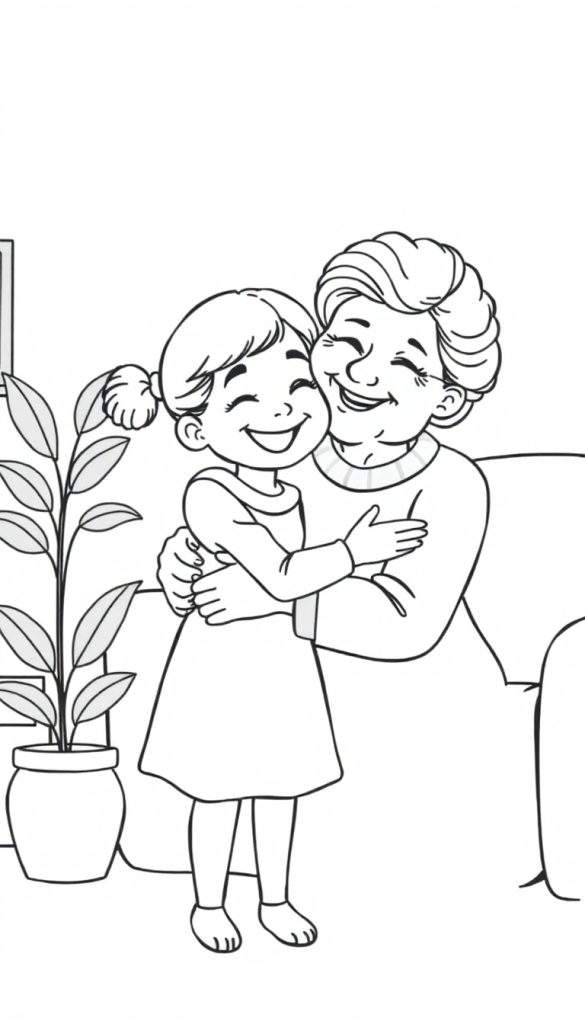 Kleurplaat van een meisje dat haar oma omhelst, beiden glimlachend, met een plant en een bank.